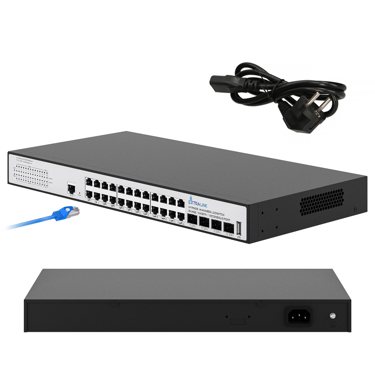 Extralink Hypnos -kytkin, 24x RJ45 1000 Mb/s, 4x SFP+, L3, hallittava (kuva varten) Extralink Hypnos -kytkin, 24x RJ45 1000 Mb/s, 4x SFP+, L3, hallittava