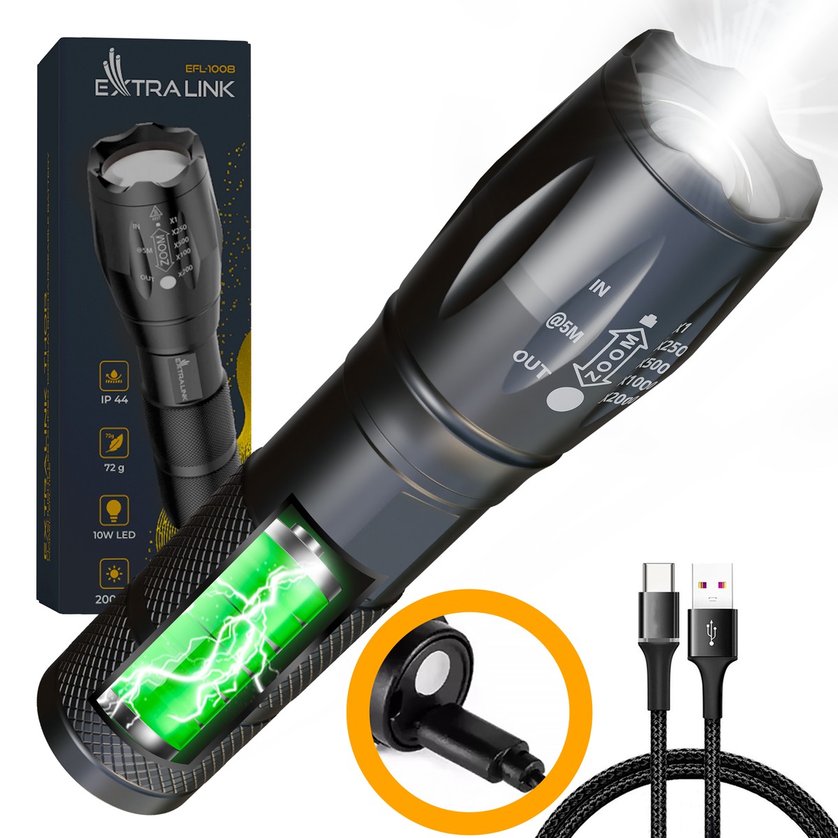 (kuva varten) Extralink EFL-1031 Odin LED-taskulamppu, sisäänrakennettu akku, 10 W, 400 lm