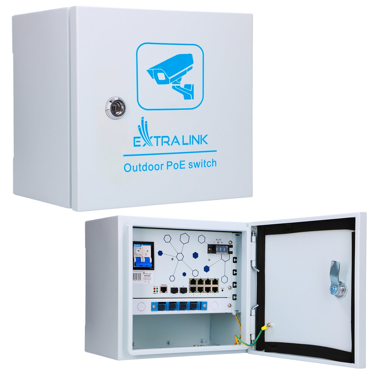 Extralink Minos ulkokäyttöinen PoE-kytkin, 8x RJ45 1000Mb/s PoE, 2x SFP, 200W, L2, aktiivinen jäähdytys (kuva varten) Extralink Minos ulkokäyttöinen PoE-kytkin, 8x RJ45 1000Mb/s PoE, 2x SFP, 200W, L2, aktiivinen jäähdytys