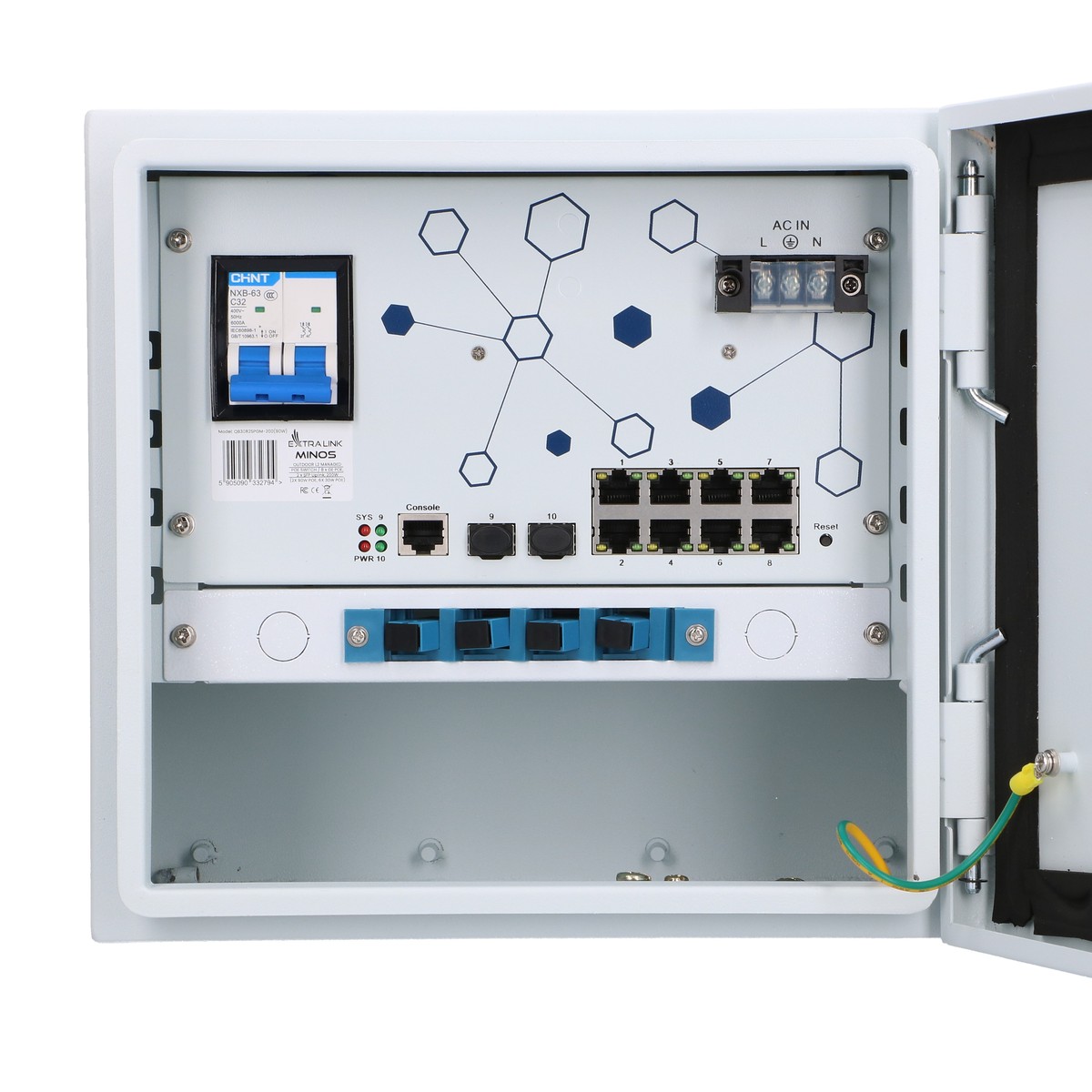 Extralink Minos ulkokäyttöinen PoE-kytkin, 8x RJ45 1000Mb/s PoE, 2x SFP, 200W, L2, aktiivinen jäähdytys 4