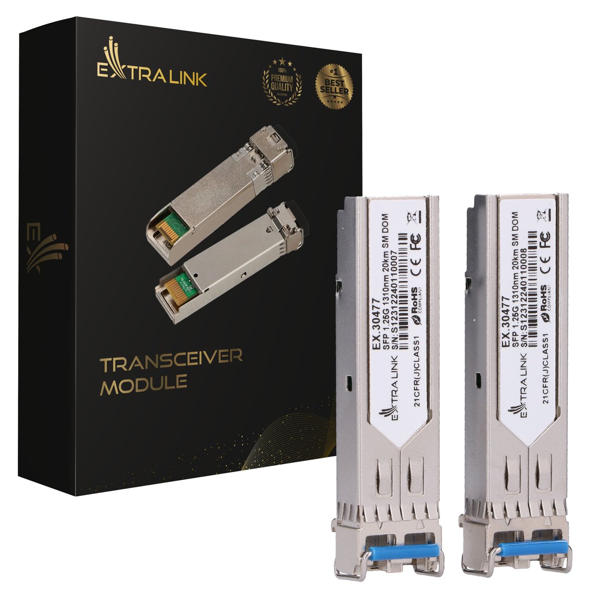 (kuva varten) Extralink SFP 1.25G 2 kpl, SFP-moduuli, 1,25 Gbps, LC/UPC, 1310 nm, 20 km, yksimuotokuitu, DOM (tarkoitettu HP/Aruballe)
