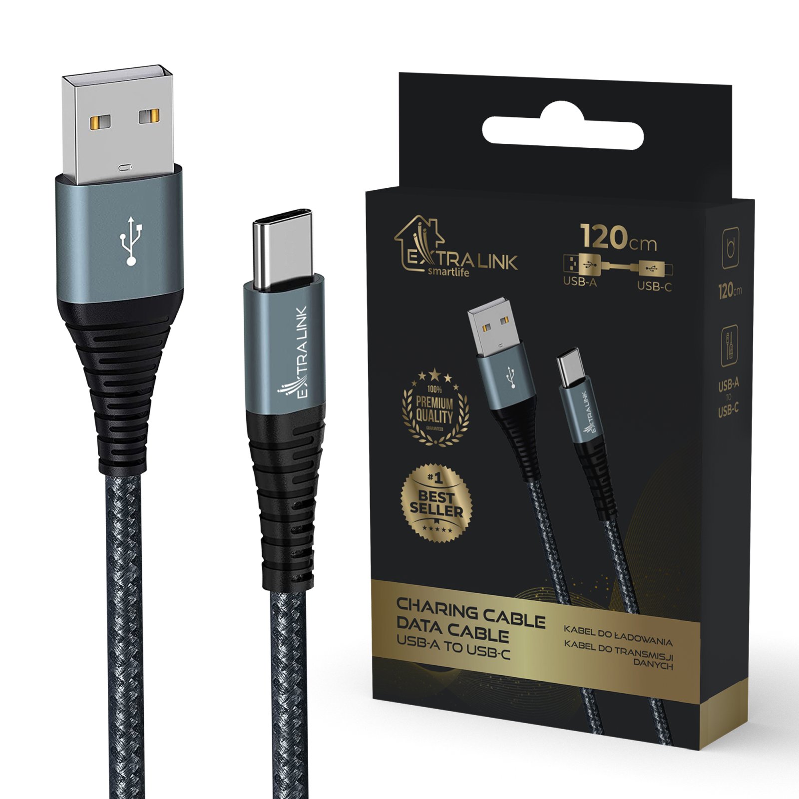 (kuva varten) Extralink Smart Life USB Type-A - Type-C -kaapeli, musta, 120 cm