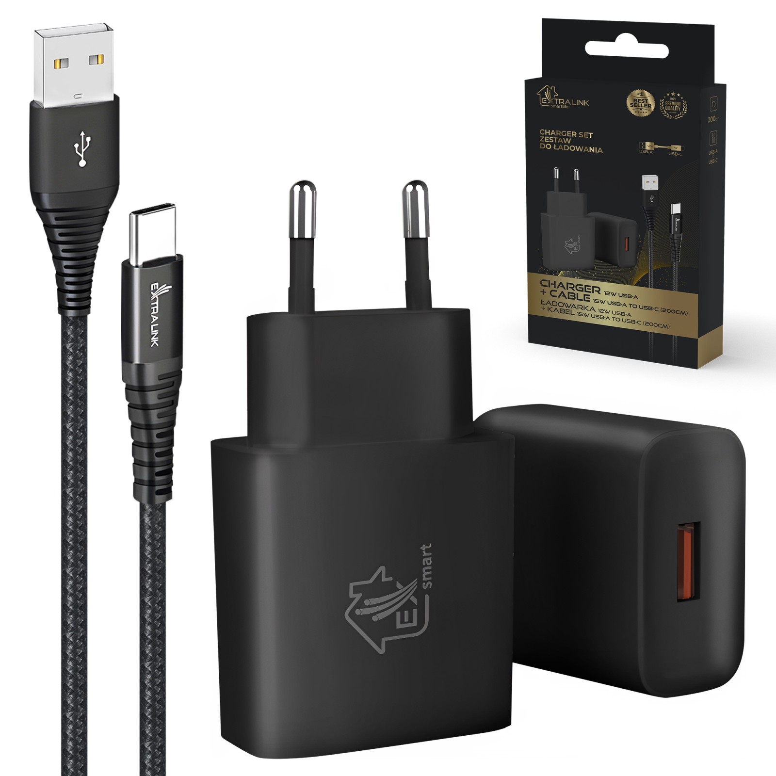 (kuva varten) Extralink Smart Life, USB Type-A - USB Type-C -kaapeli, 200 cm, musta + 12 W laturi, musta