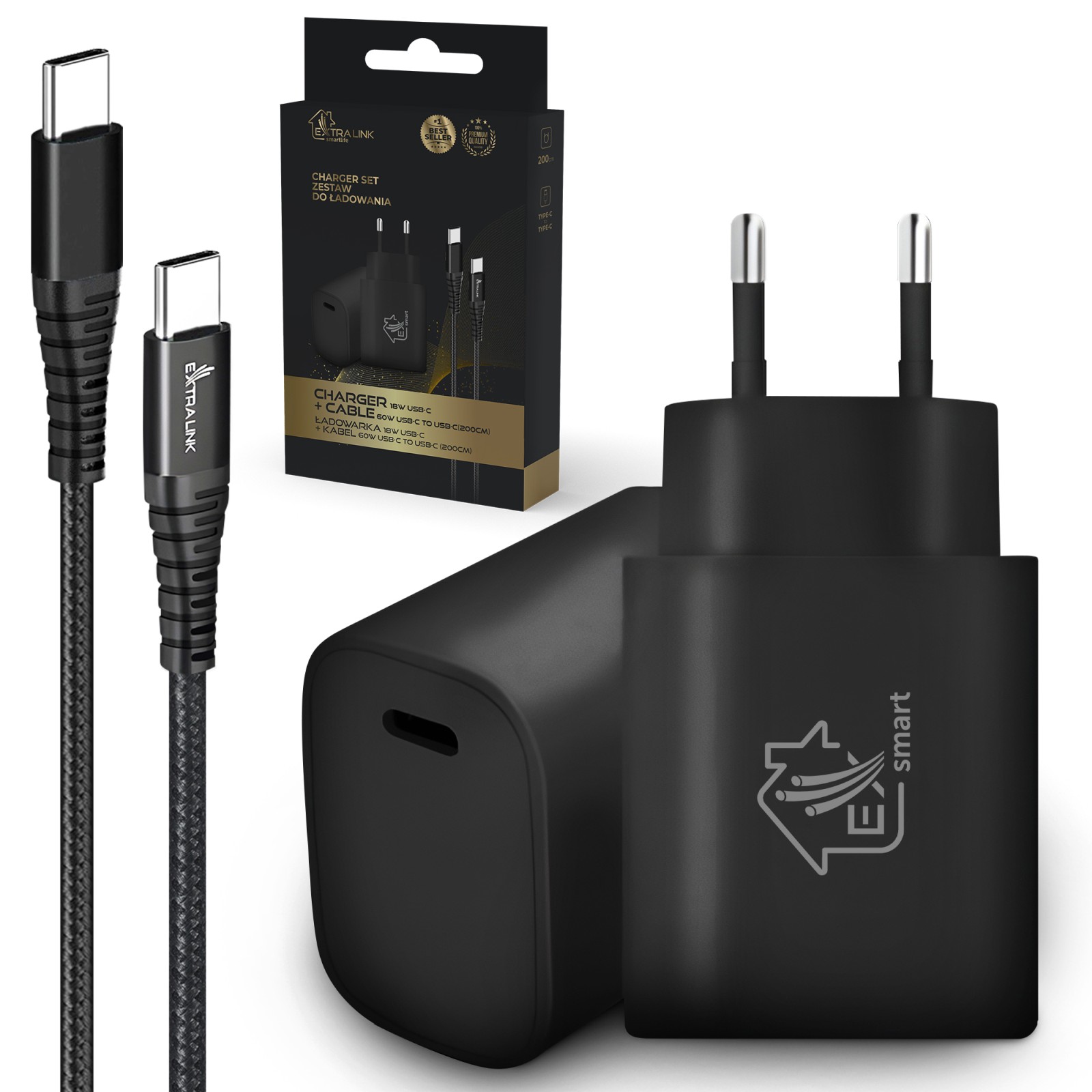 (kuva varten) Kaapeli USB Type-C - Type-C 200 cm, musta + 18W PD3.0 laturi Extralink Smart Life, musta