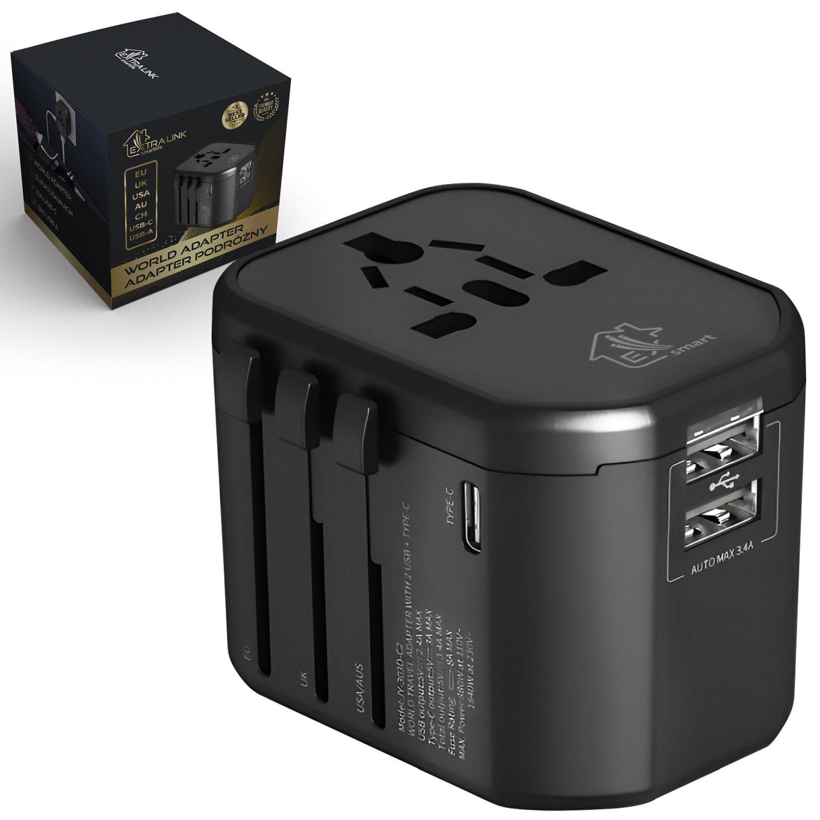 (kuva varten) Extralink Smart Life matkasovitin EU/UK/USA/AU/CH + USB-C, USB-A