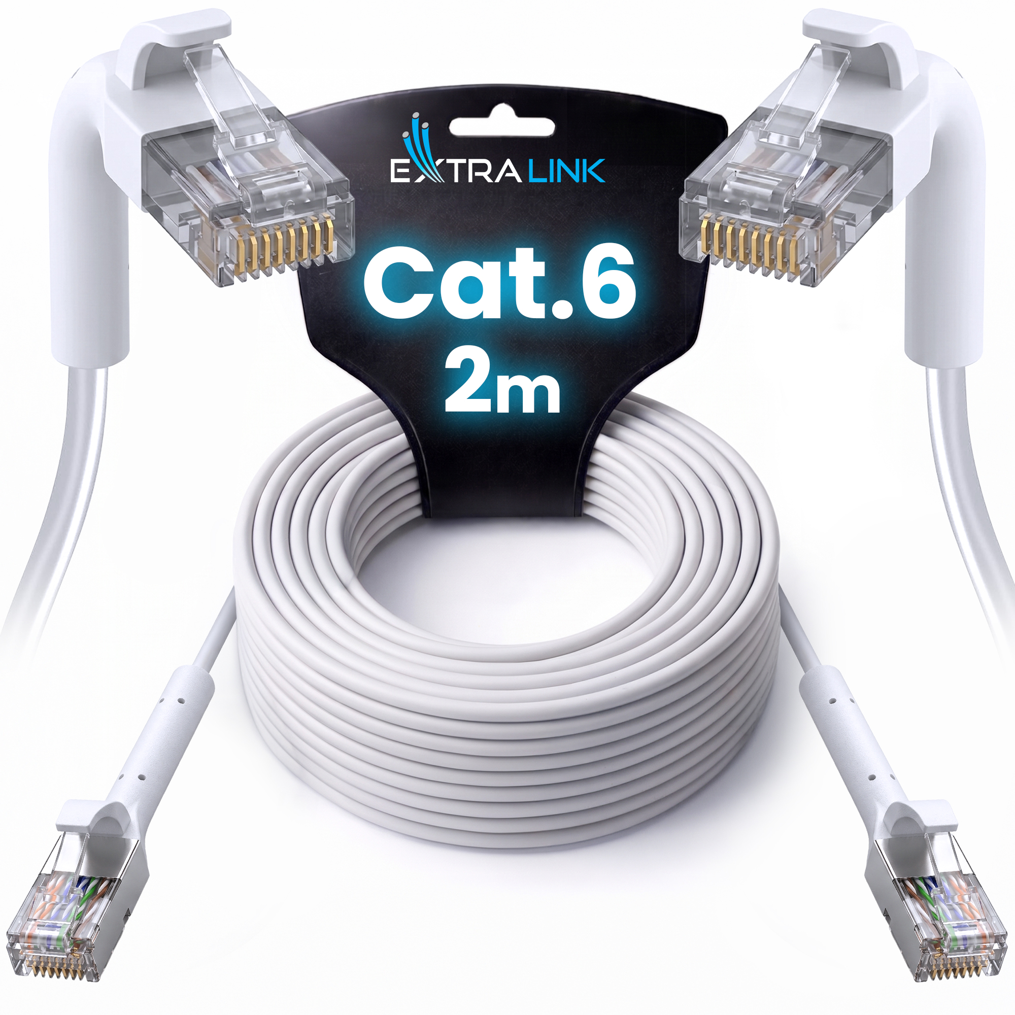 Extralink Cat.6 U/FTP 2m 1Gbps White, Patchcord LAN, Copper twisted pair network cable, angled end 4