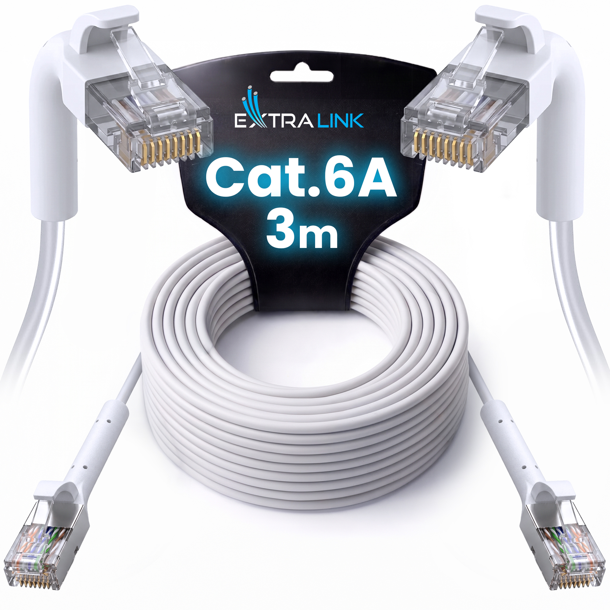 Extralink Cat.6A U/FTP 3m 1Gbps White, LAN patch cord, copper twisted pair network cable, angled connector 4