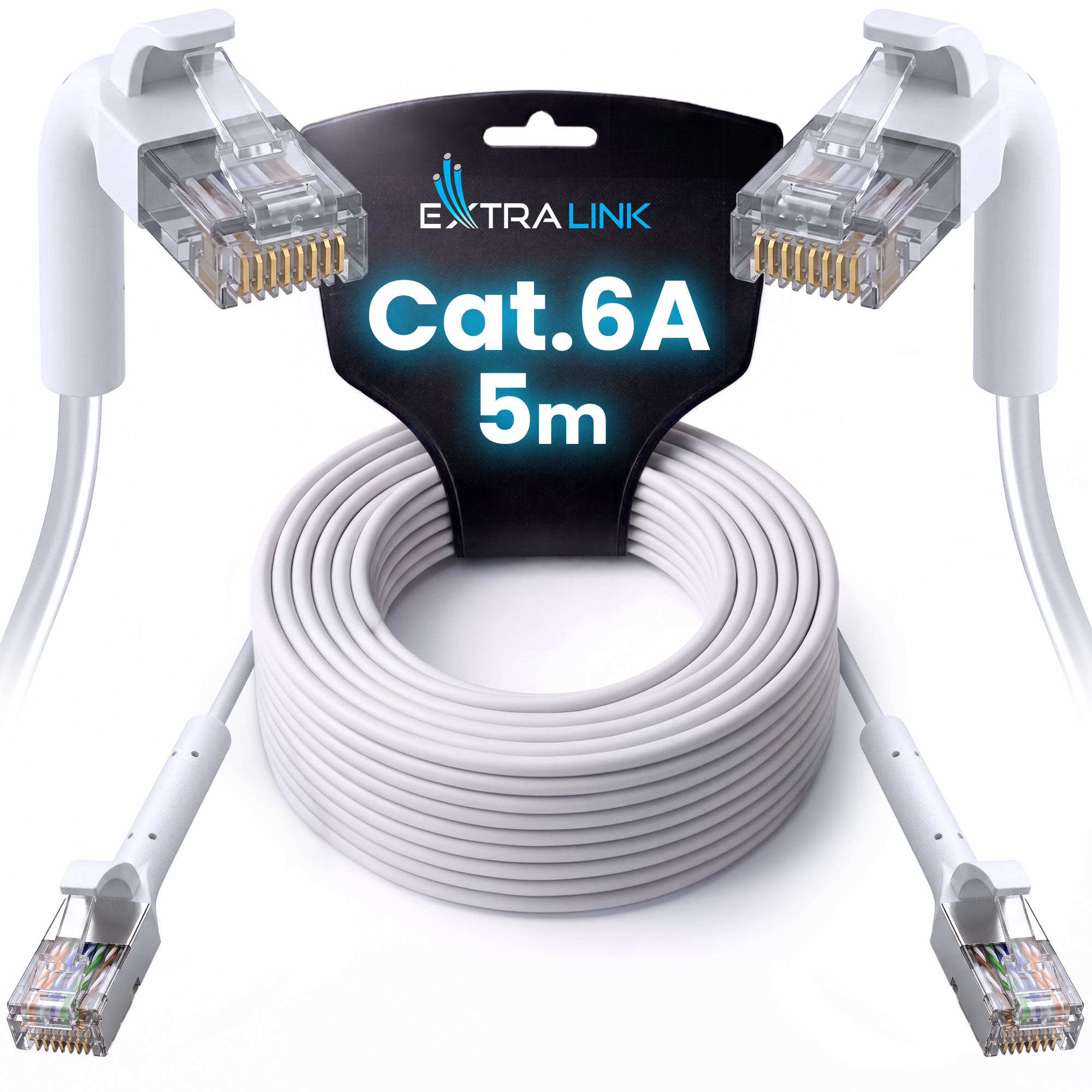 Extralink Cat.6A U/FTP 5m 1Gbps White, LAN patch cord, copper twisted pair network cable, angled end 4