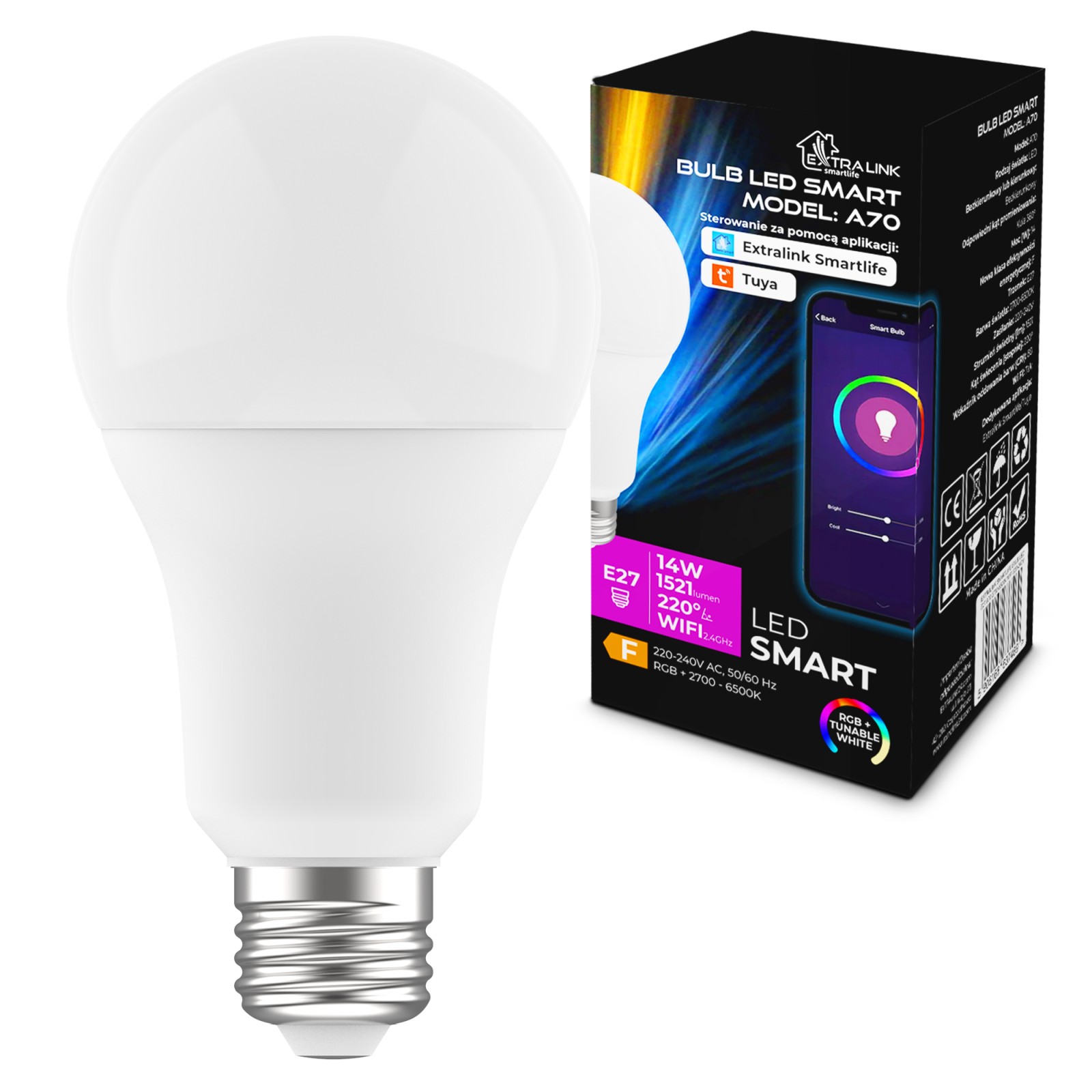 (kuva varten) Extralink Smartlife LED-lamppu E27 A70, 2700-6500K WiFi 220-240V