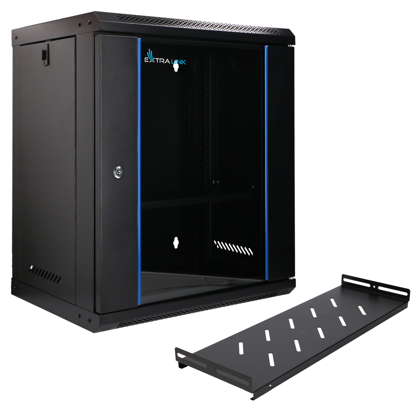(kuva varten) Extralink Lite 12U 530x400 musta, seinäkaappi, telinekaappi, hylly mukana