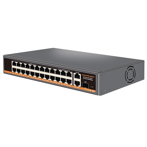(kuva varten) PoE 24-porttinen kytkin 18x 100Mbps PoE+ 6x Gigabit PoE+ 2x Gigabit UPLINK, 400W, SFP